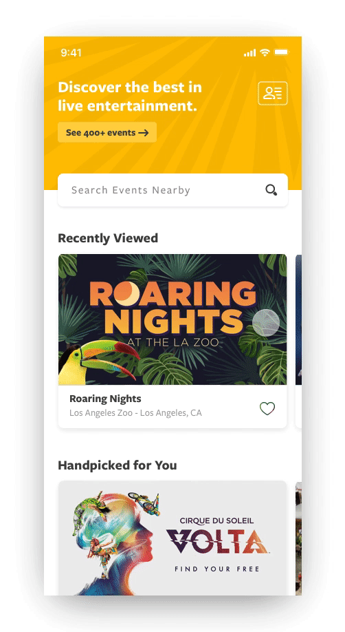 Goldstar app browsing and discovery interaction