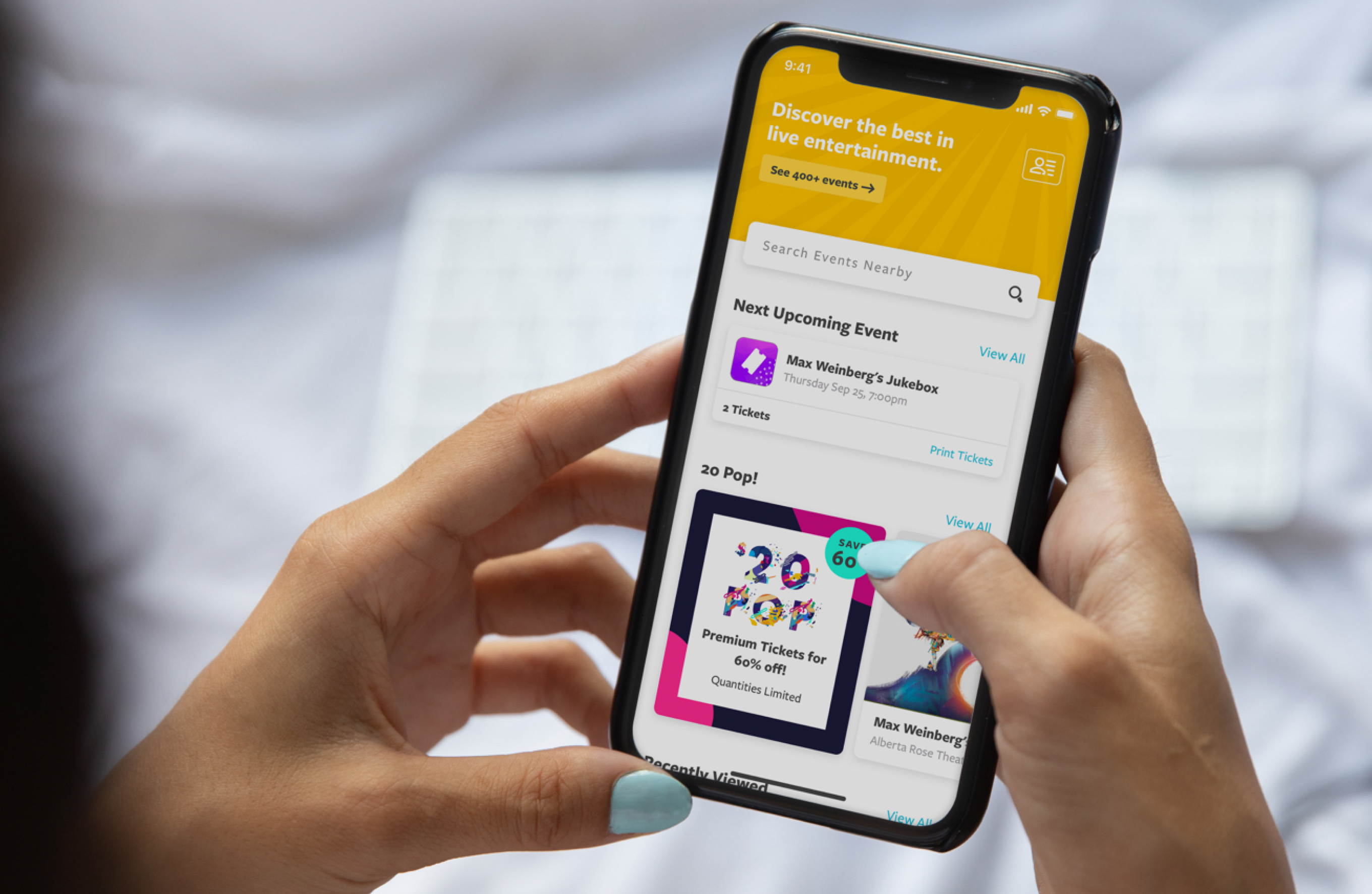 Goldstar app on phone showing event discovery